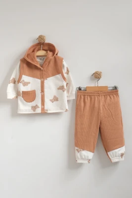 PELUŞ AYI BASKILI YELEKLİ ERKEK BEBE 3 LÜ TAKIM 2034
