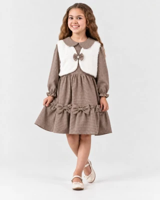 PELUŞ BOLEROLU FİYONKLU KIZ ÇOCUK ELBİSE  871