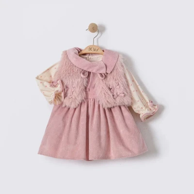 PELUŞ YELEKLİ KIZ BEBE ELBİSE  2735
