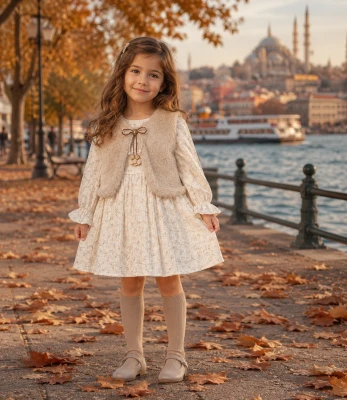 PELUŞ YELEKLİ MÜSLİN KIZ ÇOCUK  ELBİSE 7004