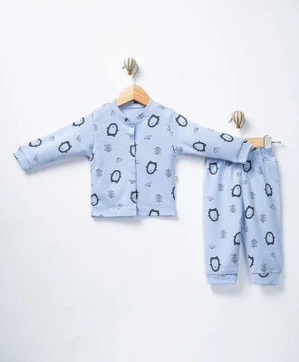PENGUEN BASKILI ÖNDEN ÇITÇITLI BEBE PİJAMA TAKIM 3129