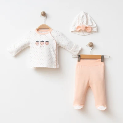 PUANLI ÇİLEKLİ PAMUKLU 3 LÜ KIZ BEBE TAKIM 5013