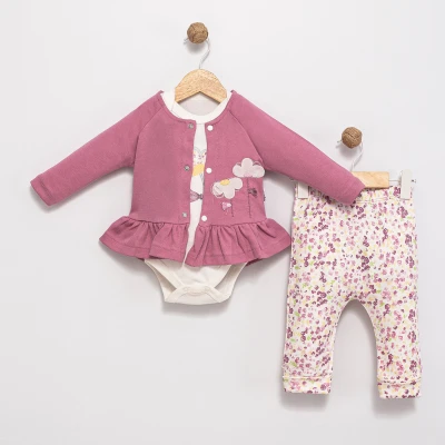 PÜSKÜLLÜ ÇİÇEK DESENLİ 3 LÜ KIZ BEBE TAKIM 6083