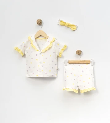 RENKLİ KALPLİ FIRFIRLI KIZ BEBE YAZLIK PİJAMA TAKIM 6083