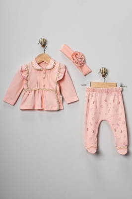 SİMLİ DANTELLİ 3'LÜ KIZ BEBE TAKIM 2402