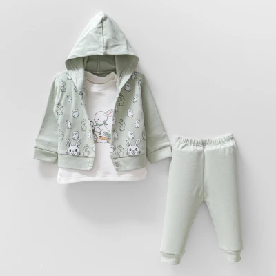 TAVŞAN BASKILI KAPÜŞONLU PAMUKLU BEBE TAKIM 3266