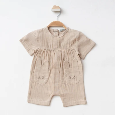 TAVŞAN CEP NAKIŞLI MÜSLİN KIZ BEBE TULUM 7825