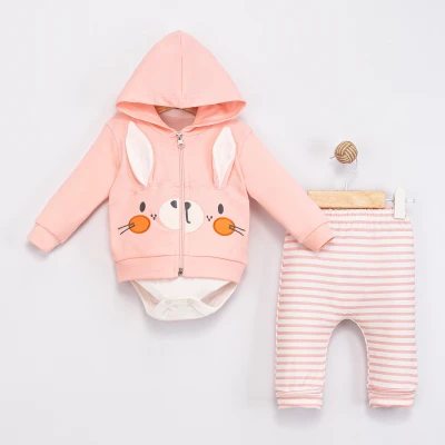 TAVŞAN NAKIŞLI PAMUKLU 3 LÜ KIZ BEBE TAKIM 6115