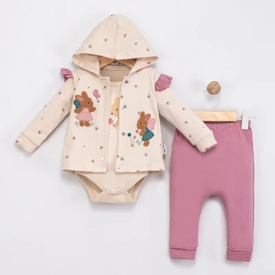 TAVŞAN NAKIŞLI PAMUKLU 3 LÜ KIZ BEBE TAKIM 6145