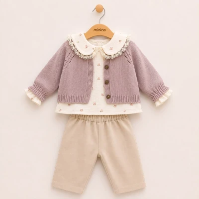 TRİKO MÜSLİN BEBE YAKA 3 LÜ KIZ BEBE TAKIM 8056