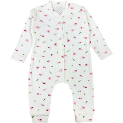 YAPRAKLI ÇİÇEK BASKILI MANŞETLİ BEBE TULUM 100154