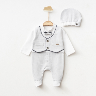 YELEKLİ PAPYONLU ŞAPKALI BEBE TULUM 7780