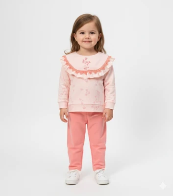 ZARİF ÇİÇEK NAKIŞLI KIZ BEBE İKİLİ TAKIM 3058